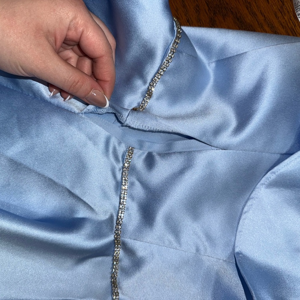 Light Blue One-Shoulder Ruffle Satin Party Dress - Picture 10 of 13